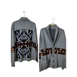 M1285)Vtg 80s Light Blue Southwestern Aztec Knitted Shawl Cardigan Unisex L/XL?